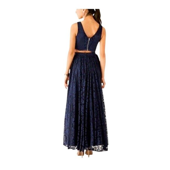 Formal Dark Blue Lace 2 Piece Crop Top Full Maxi Skirt Gown Long Dress Designer - Picture 3 of 15